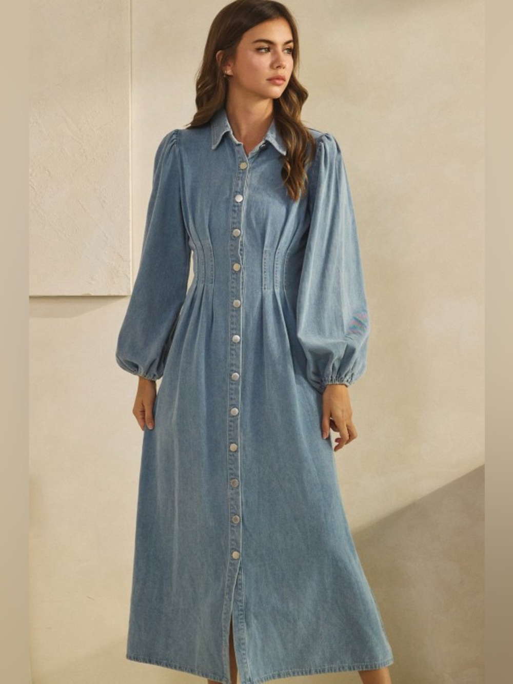 Light mineral wash chambray denim button down jean boho western midi maxi dress